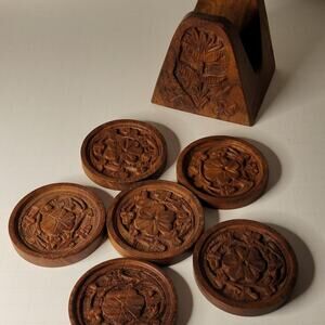 Vintage Carved Wood Flower Coaster Set